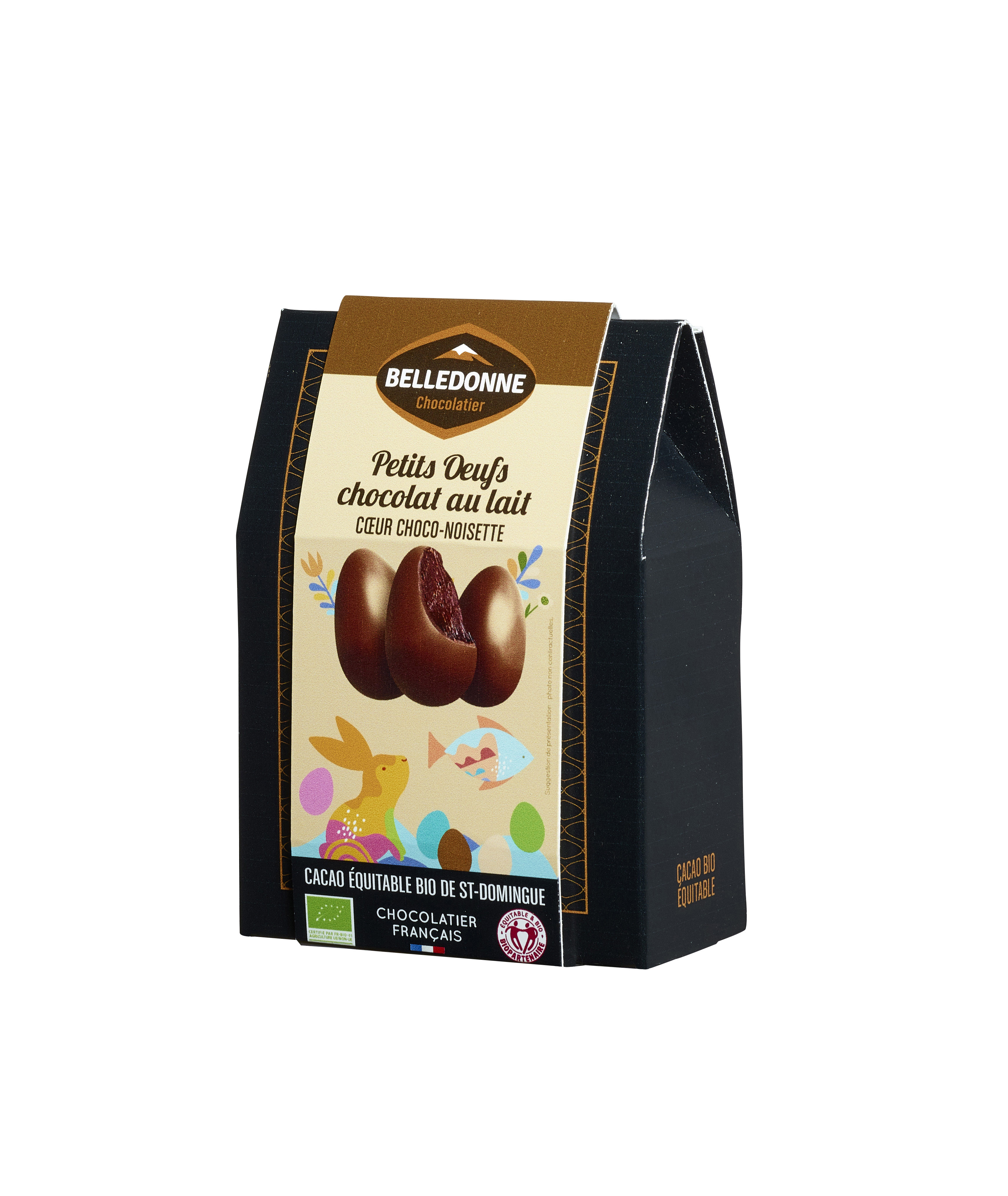 Belledonne Paaseitjes melkchocolade met een kern van choco-hazelnootpraliné bio 100g - 003179